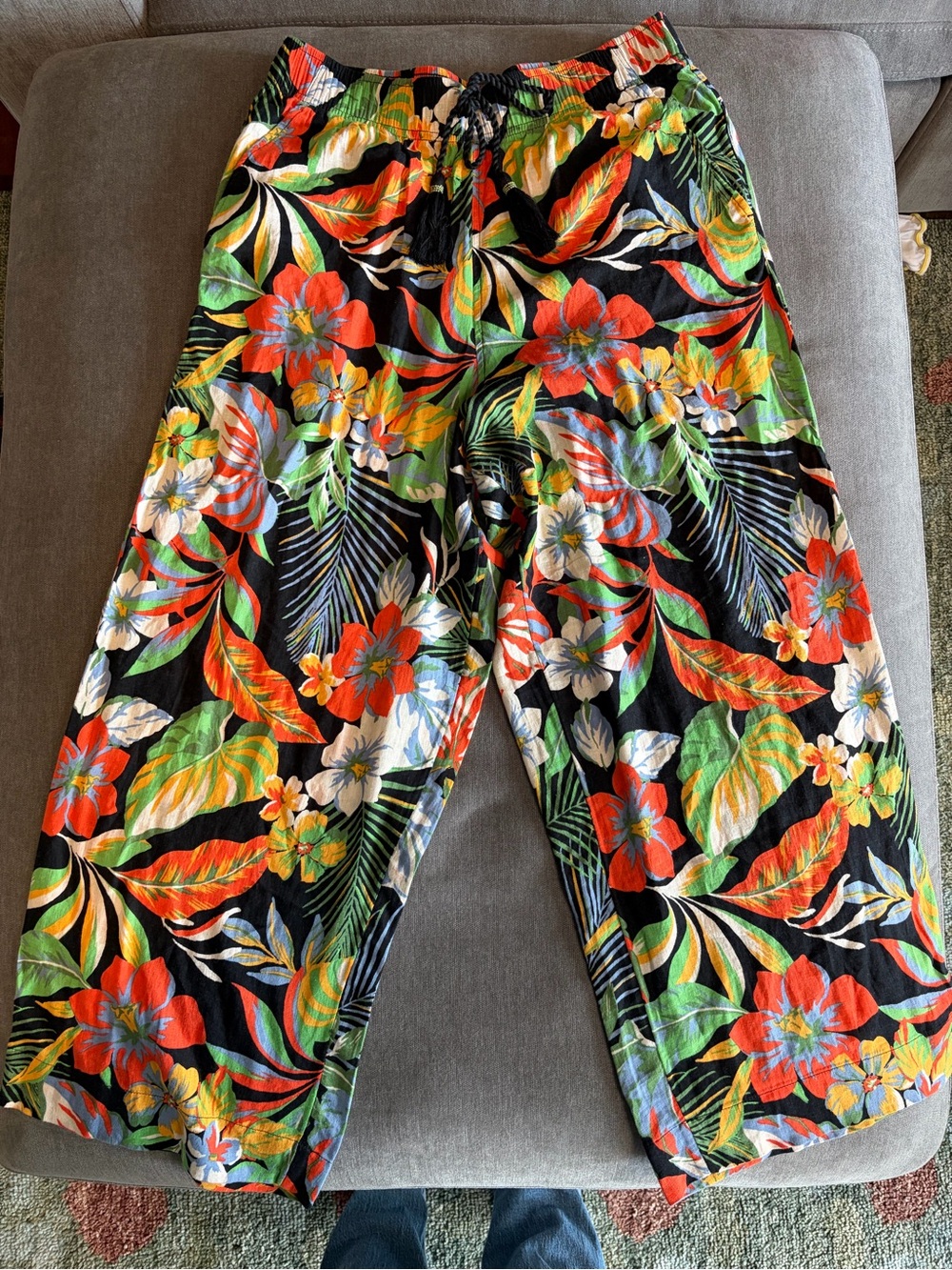 C&C California Black Tropical Floral Wide-Leg Pants with Red and Green Accents
